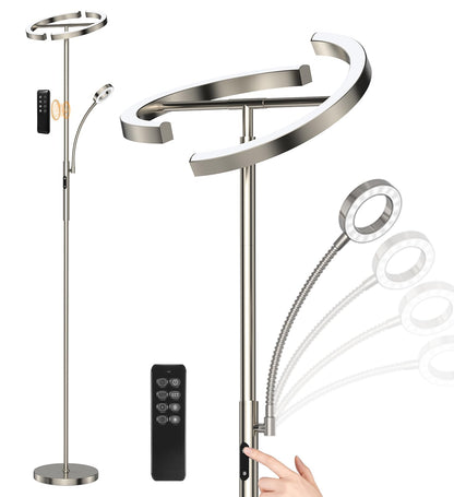 ANTENLICHT KAKA- LED Stehlampe dimmbar - Silber mit Leselampe. Silberne LED-Stehlampe mit Leselampe, dimmbar für Raum- & Leselicht.