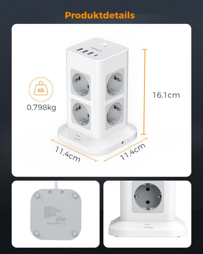 TESSAN Steckdosenturm 8-fach, USB-C, Überspannungsschutz, 10 m Kabel