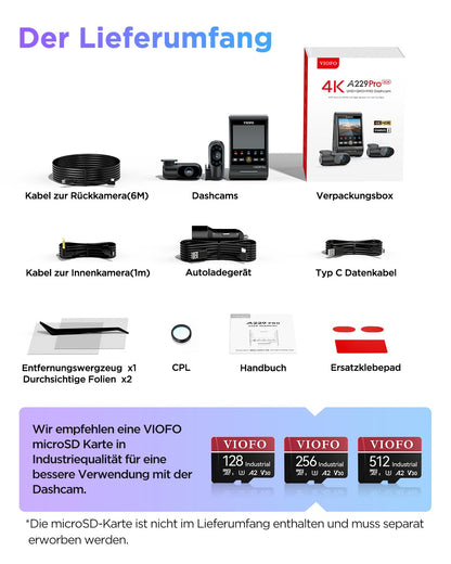 VIOFO A229 Pro 3-Lens 4K Dashcam - Vorne Hinten Innen