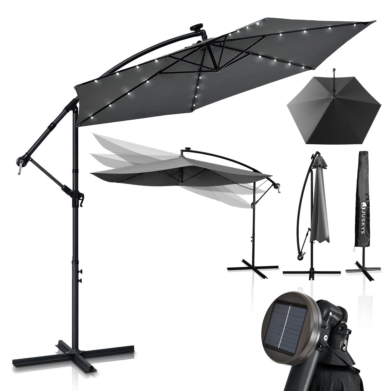 Juskys Ampelschirm Brazil 350 cm Solar LED Kurbel – Grau. Spendet Schatten und Solar-LED-Licht für Terrasse oder Garten.