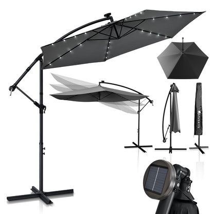 Juskys Ampelschirm Brazil 350 cm Solar LED Kurbel – Grau. Spendet Schatten und Solar-LED-Licht für Terrasse oder Garten.