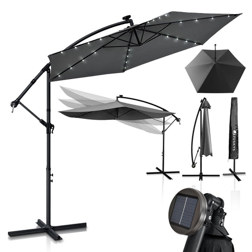 Juskys Ampelschirm Brazil 350 cm Solar LED Kurbel – Grau. Spendet Schatten und Solar-LED-Licht für Terrasse oder Garten.