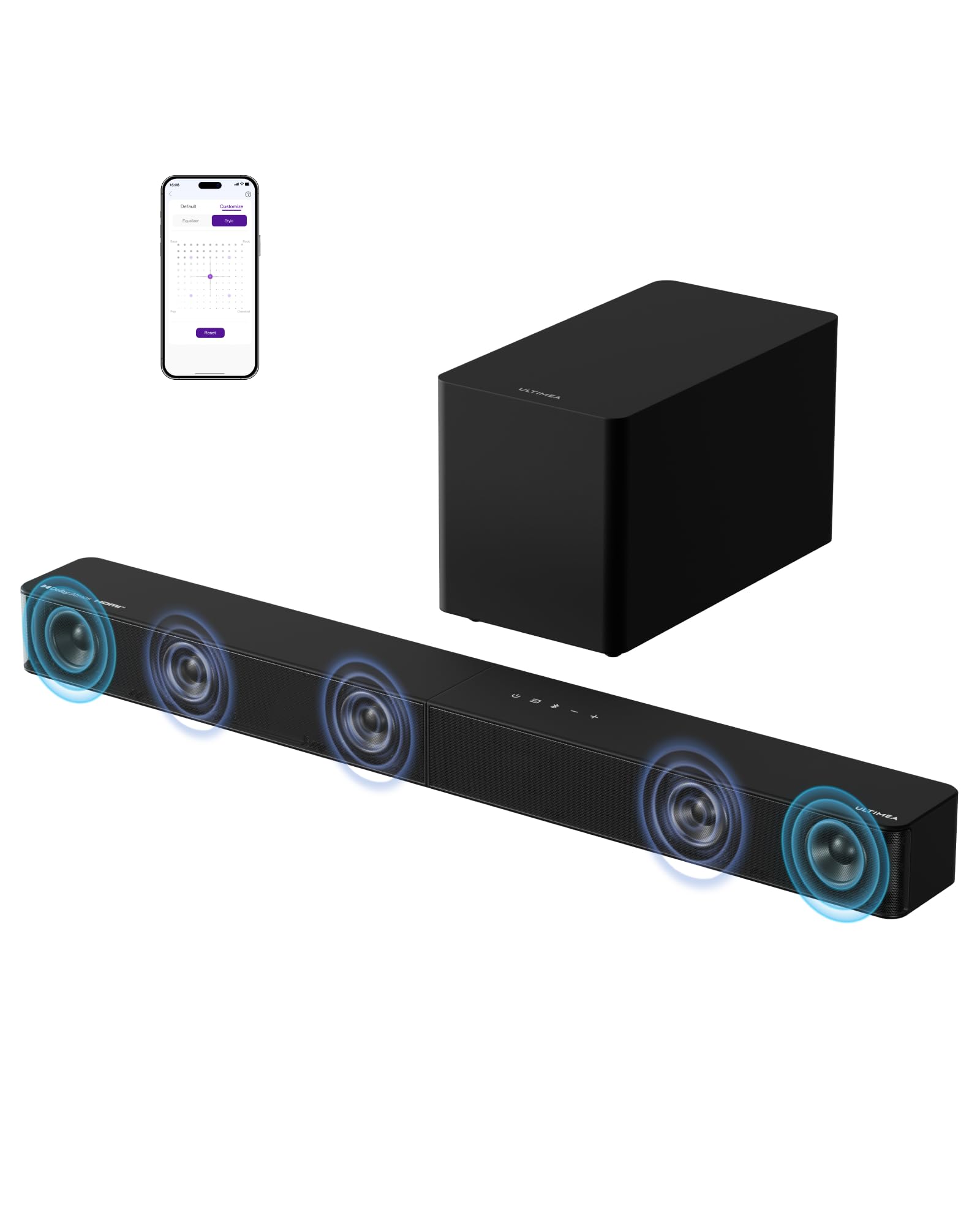 ULTIMEA Poseidon M60 Boom 5.1ch Soundbar – Dolby Atmos 2025. Rechteckig, schwarz. Bietet 5.1ch Dolby Atmos Surround-Sound.