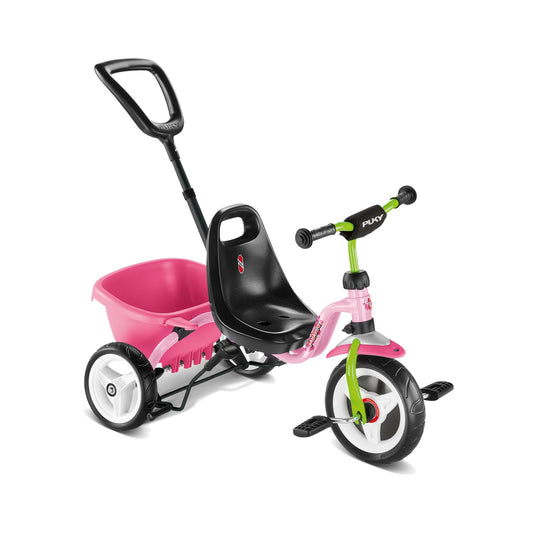 PUKY CEETY Komfort-Dreirad mit Schiebestange – Rosa/Kiwi. Rosa-kiwifarbenes Dreirad für Kleinkinder zum Schieben und Fahrenlernen.