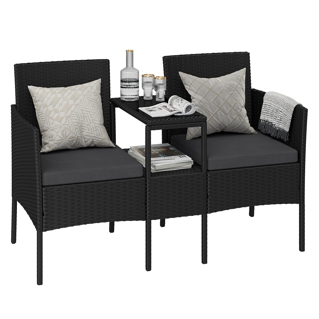 STEELSØN Velara Gartenbank mit Tisch, 2-Sitzer, Polyrattan, schwarz mit Glasablage und Polstern