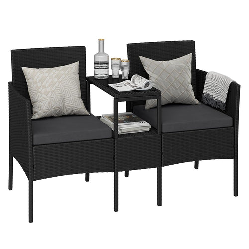STEELSØN Velara Gartenbank mit Tisch, 2-Sitzer, Polyrattan, schwarz mit Glasablage und Polstern