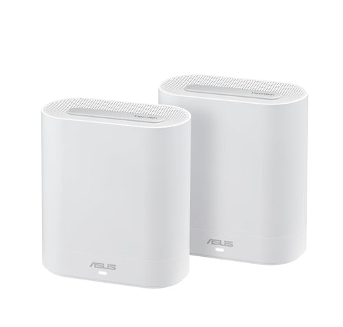 ASUS ExpertWiFi EBM68 Tri-Band WiFi 6 Mesh System 2er Set, zwei kompakte weiße Geräte für nahtloses Tri-Band WiFi 6 große Bereiche.
