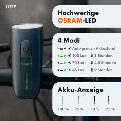 AARON LED Fahrradlicht Set 100 Lux, StVZO, USB aufladbar