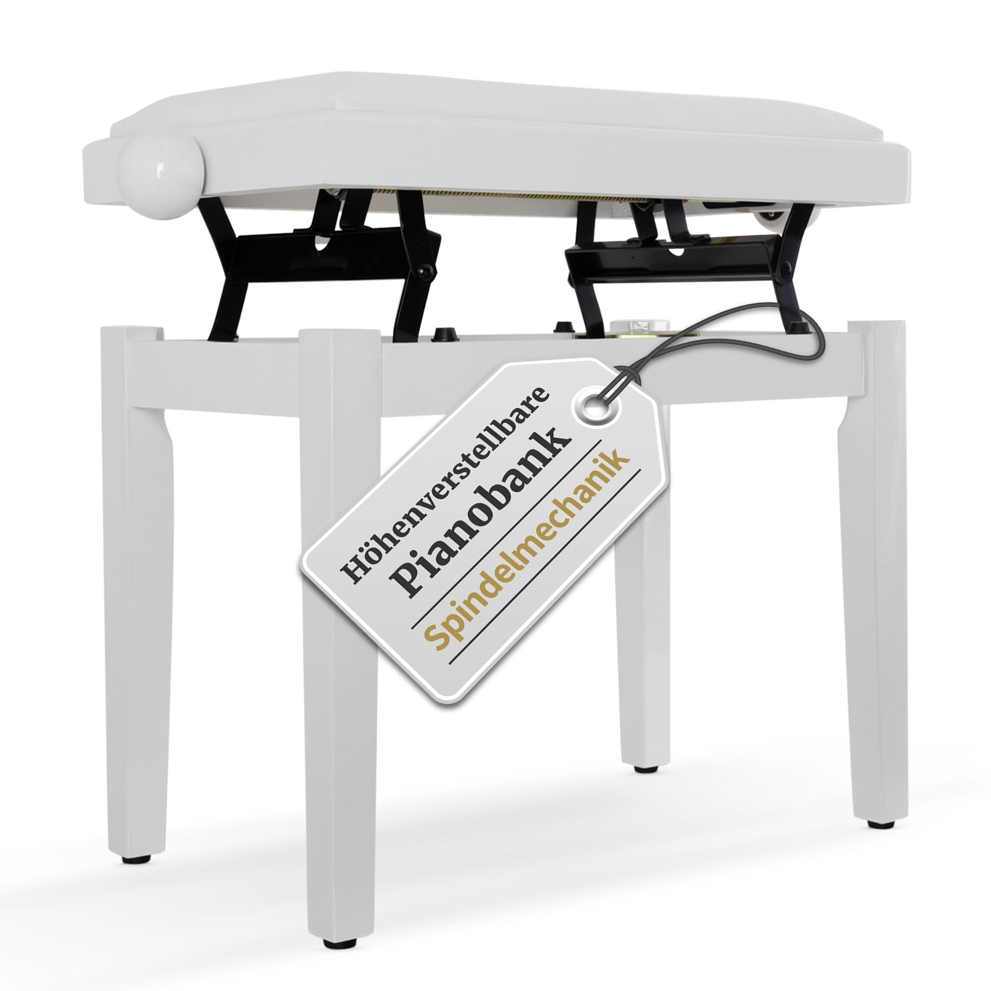 Classic Cantabile Pianobank Weiss-Hochglanz – Höhenverstellbar. Rechteckige weiße Hochglanzbank mit vier Beinen. Ermöglicht ergonomische Sitzhaltung am Klavier.