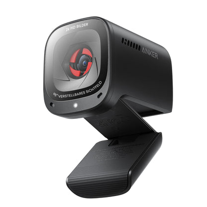 Anker PowerConf C200 2K USB-Webcam mit Kameraabdeckung. Schwarze, kompakte Webcam mit 2K-Auflösung und Sichtschutz für Online-Meetings.