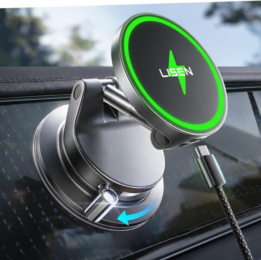 LISEN MagSafe Handyhalterung Auto mit Ladefunktion, Qi2.2 25W, Vakuum-Saugnapf und Metallarm
