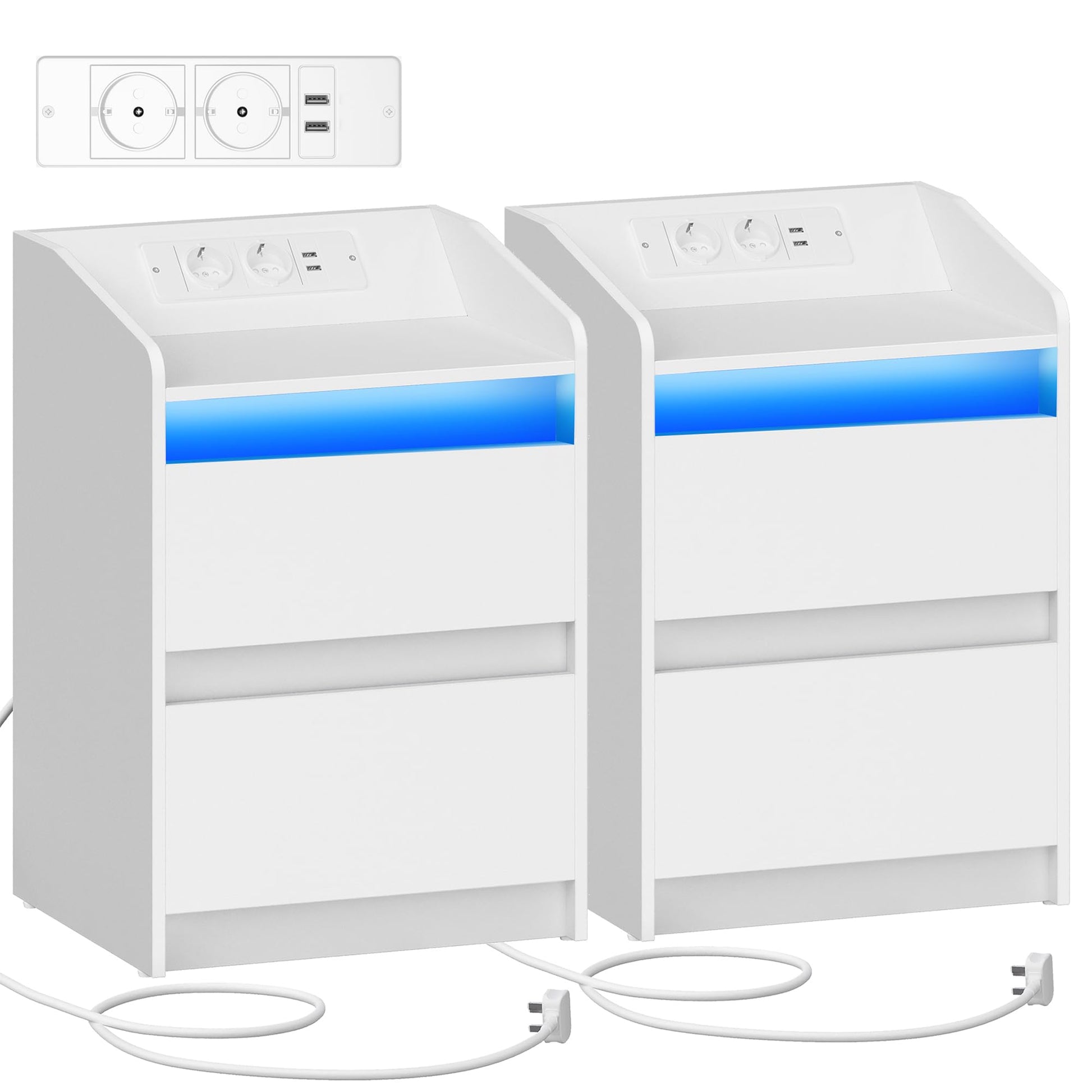 Hzuaneri NS30103X Nachttisch 2er Set – LED, Ladestation, Weiss. Weisser Nachttisch zur Ablage am Bett mit LED & Ladefunktion.