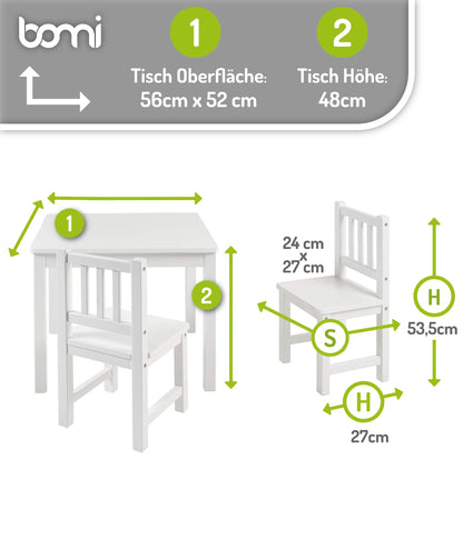 Bomi Kindersitzgruppe Amy Holz – Kindertisch Set 2 Stühle Weiss