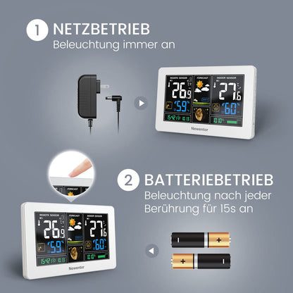 Newentor Wetterstation Funk - mit 2 Aussensensoren DCF weiss