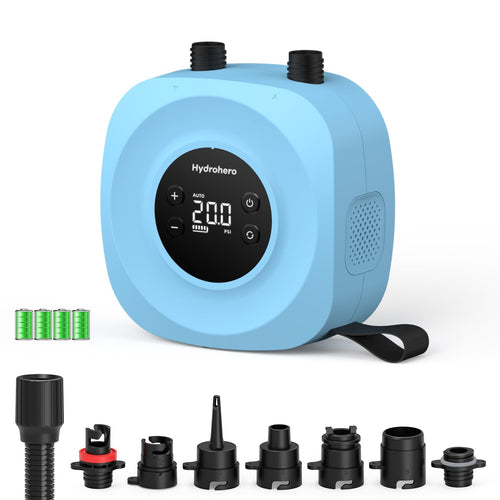 Hydrohero D18PRO Elektrische SUP Pumpe 20 PSI mit Akku, Blau – kompakte Luftpumpe mit LED-Display und Tragegriff