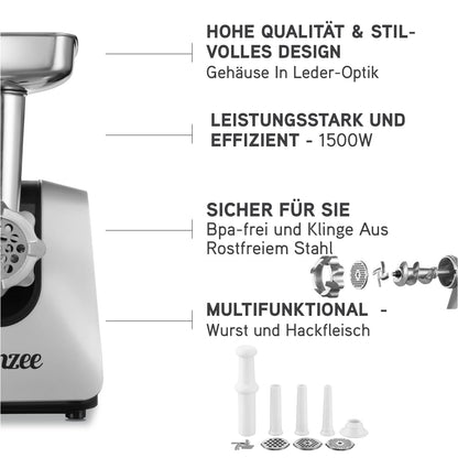 Twinzee Elektrischer Fleischwolf mit Wurstfüller, 1500 W, Schwarz