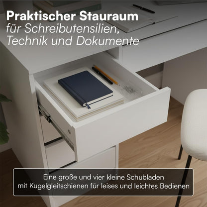 Bellamio Nore Schreibtisch in Weiss mit 5 Schubladen, 110 x 53 cm