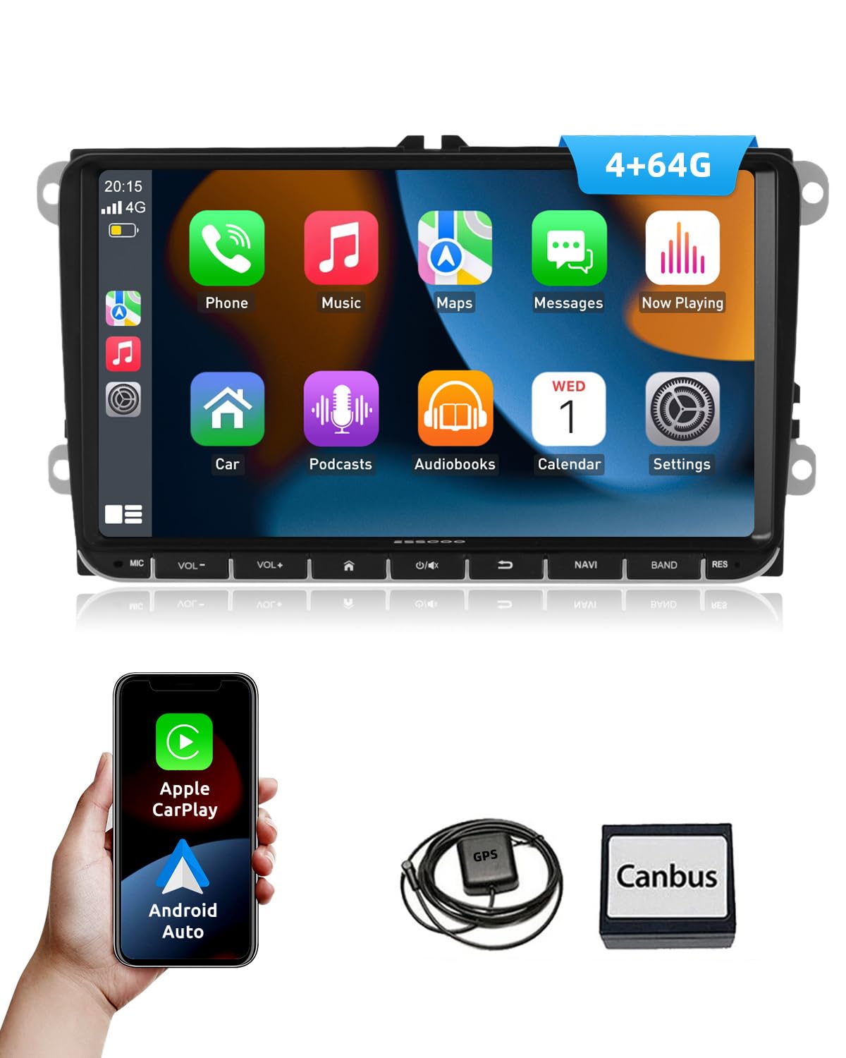Essgoo Android 14 Autoradio 9 Zoll VW Golf 5/6 - Carplay 4+64G. Schwarzes 9-Zoll-Touchscreen-Autoradio. Zur Navigation und Carplay-Nutzung im VW Golf 5/6.