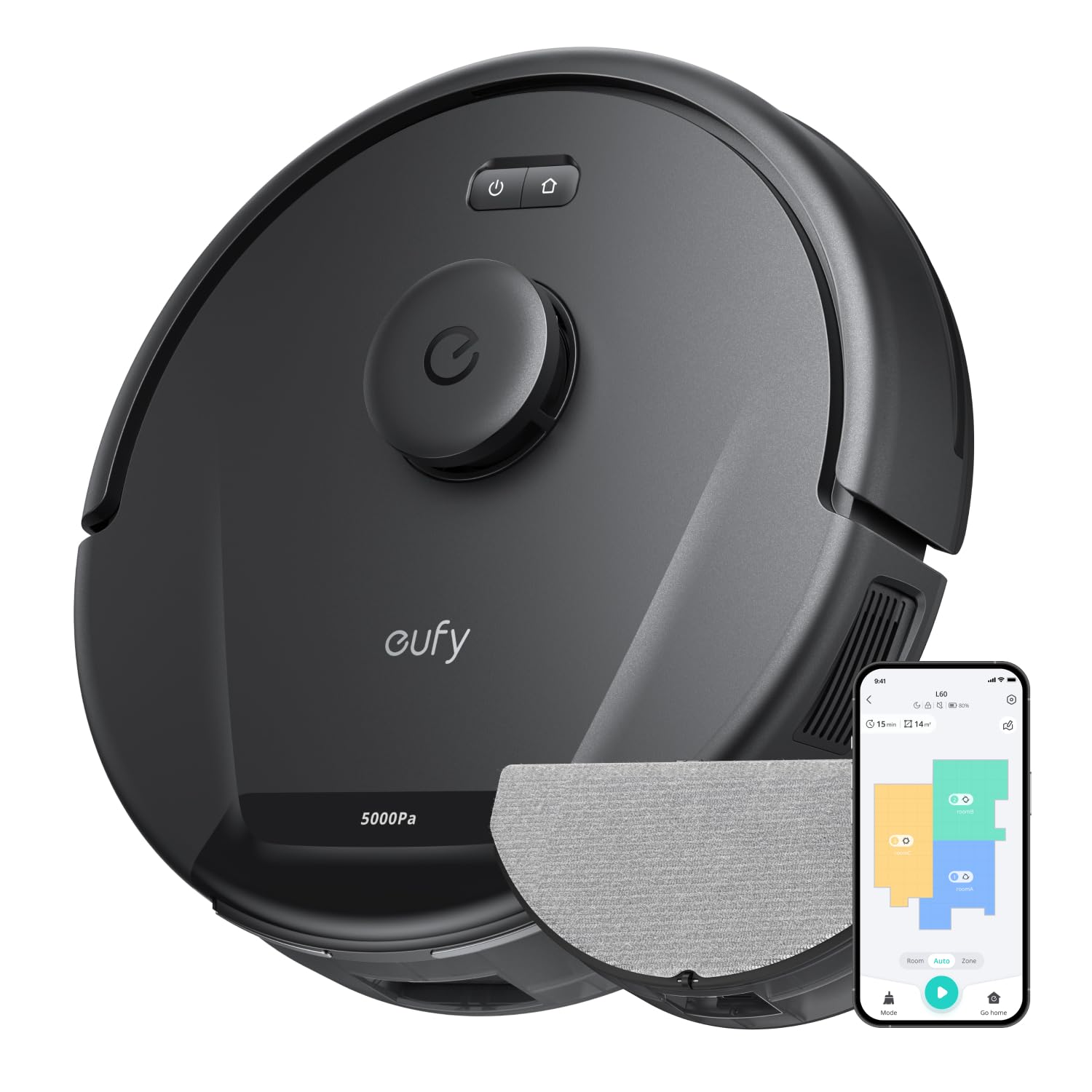 eufy L60 Saugroboter mit Wischfunktion - 5000Pa Saugkraft. Runder, schwarzer Roboter saugt und wischt Böden automatisch.