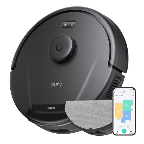 eufy L60 Saugroboter mit Wischfunktion - 5000Pa Saugkraft. Runder, schwarzer Roboter saugt und wischt Böden automatisch.