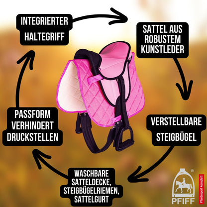 PFIFF 103106 Sattelset für Shetty und Holzpferd, Kindersattel pink