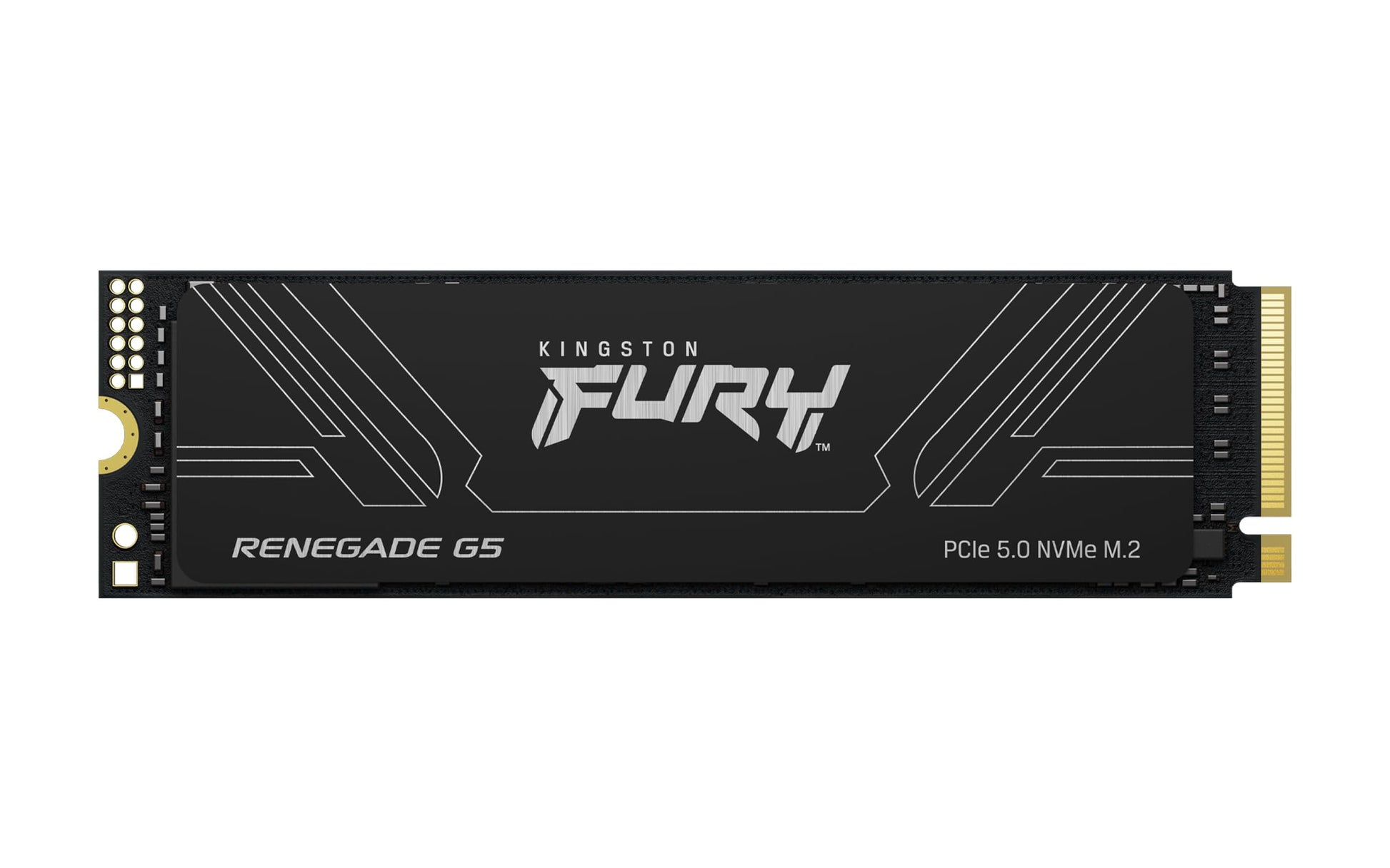 Kingston Fury Renegade G5 PCIe 5.0 NVMe M.2 2280 SSD - 2TB. Rechteckige, schwarze Platine mit Label. Dient als Hochleistungs-Datenspeicher für PC-Systeme.