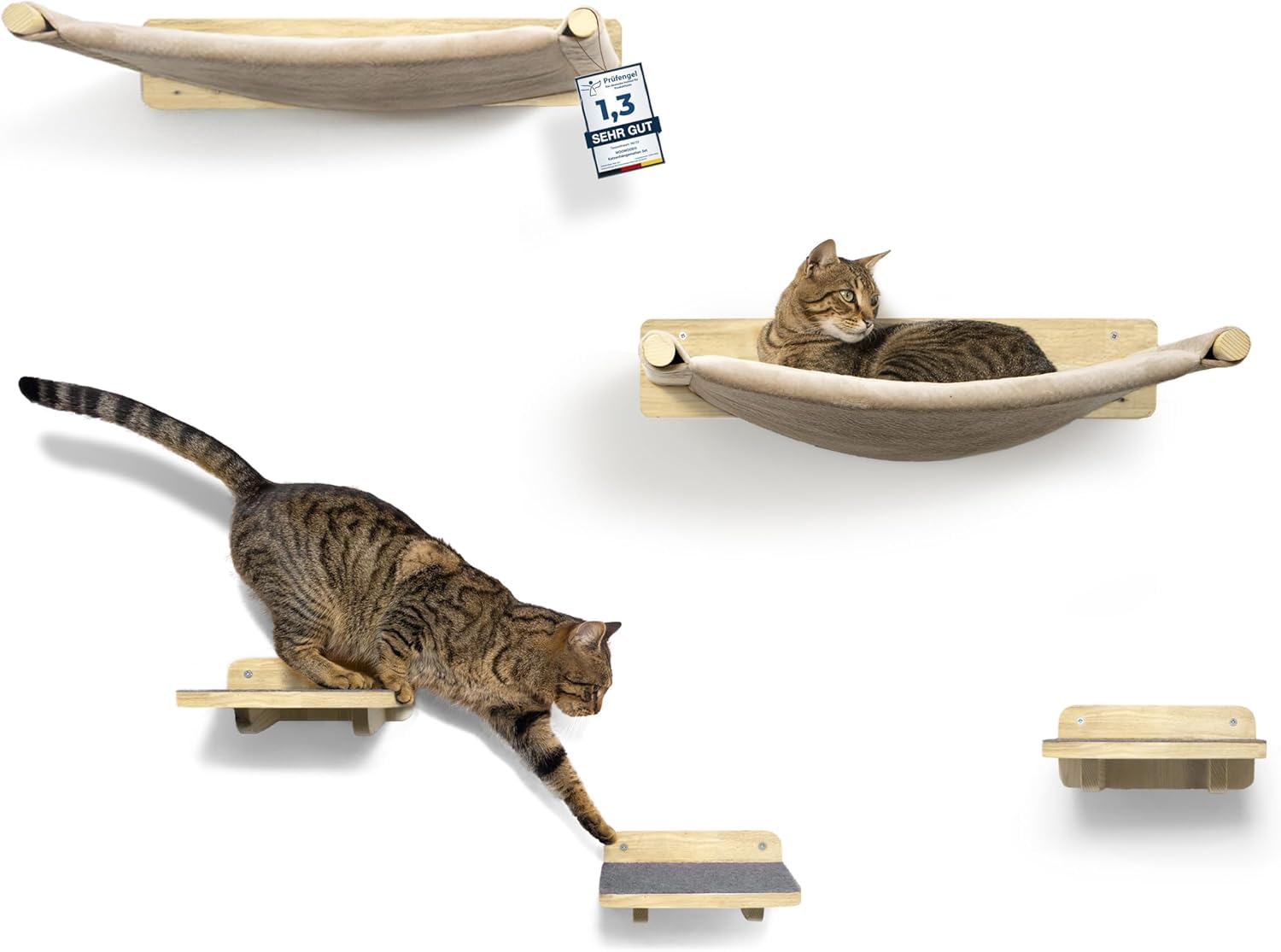 WOOWOOD Katzen Kletterwand Set mit Hängematte und Katzentreppe, Naturhell, Wandmontage