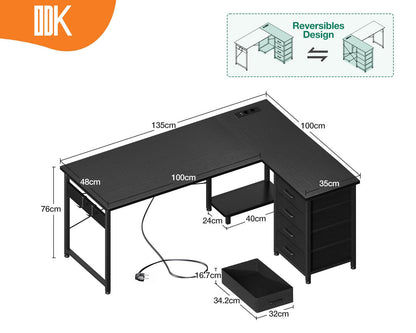 ODK Eckschreibtisch L-Form - Schwarz, 135x100 cm, Schubladen, Steckdose