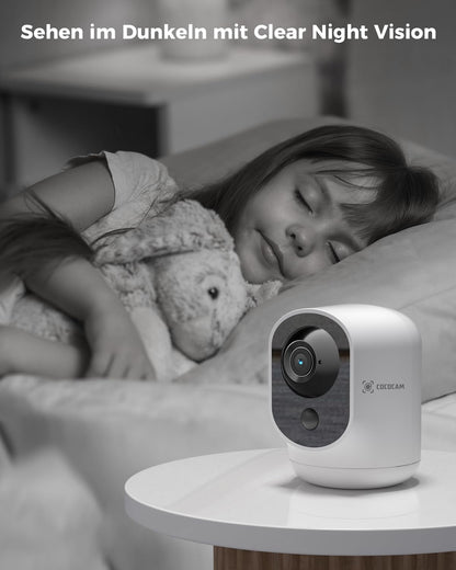 COCOCAM 2K Überwachungskamera innen, WLAN, Akku, 355° schwenkbar
