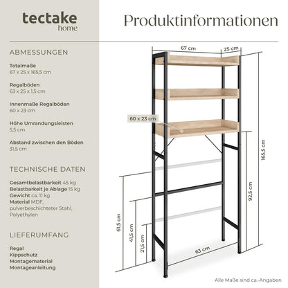 tectake Badezimmerregal, 3 Ablagen, Waschmaschinenregal, Eiche Sonoma