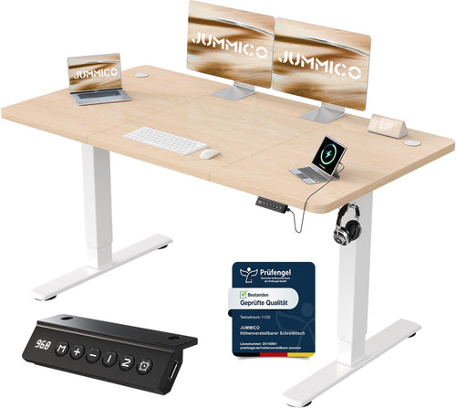 JUMMICO Schreibtisch elektrisch höhenverstellbar 140x60 cm Beige mit T-förmigen Stahlbeinen