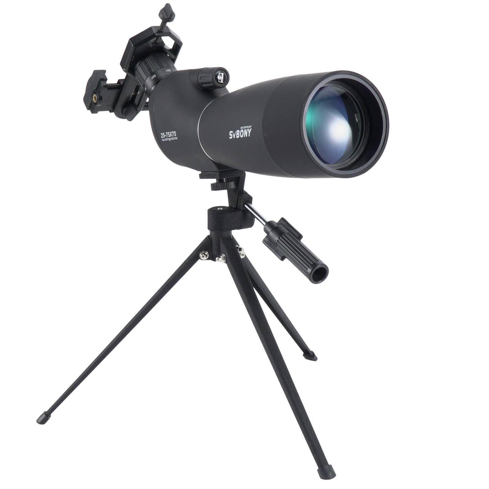 Svbony SV28 Spektiv 25-75x70 mit Stativ und Smartphone-Adapter, 45 Grad abgewinkeltes Okular