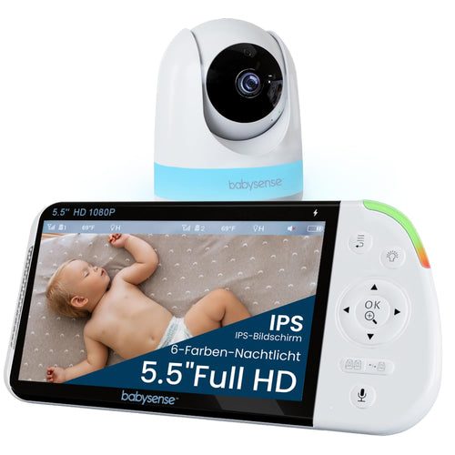 Babysense Babyphone Full HD Split-Screen mit Nachtlicht, ohne WLAN – mit grossem Display und schwenkbarer Kamera