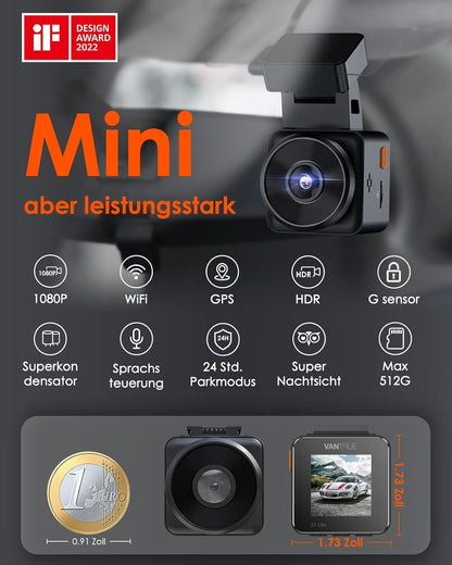 VANTRUE E1 Lite Mini Dashcam 1080P HDR mit WiFi und GPS