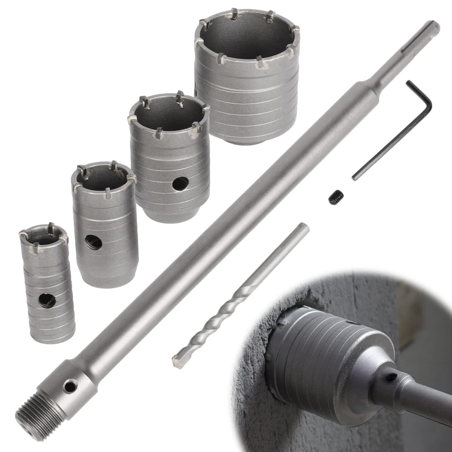 awagas Bohrkronen Set 6-teilig SDS Plus Kernbohrer Beton 30-68 mm aus Stahl mit Verbindungsstange und Zentrierbohrer