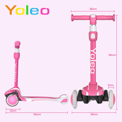 Yoleo Kinderscooter Dreiradroller mit leuchtenden Rädern, rosa-weiss