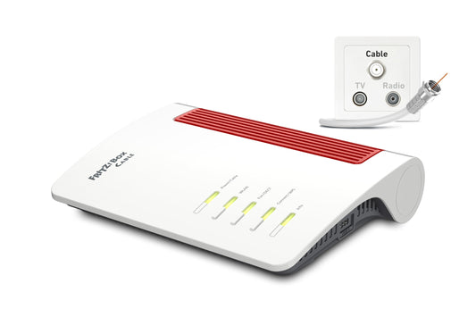 FRITZ!Box 6670 Cable WLAN Router für Kabelanschluss – Wi-Fi 7, rotes Gehäuse. Etabliert Kabel-Internet und Wi-Fi 7.