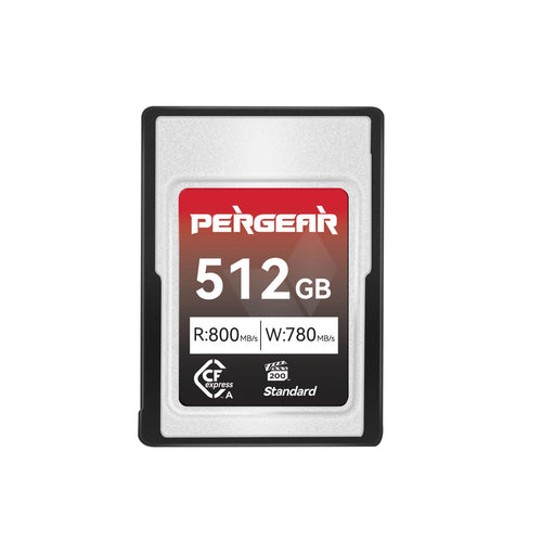 Pergear CFexpress Typ A Speicherkarte 512GB – Standard Serie. Schwarze, rechteckige Speicherkarte zum Speichern von Foto- und Videoaufnahmen.