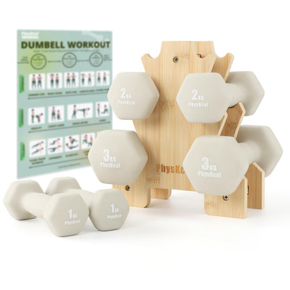 PhysKcal Kurzhantel-Set mit Bambusständer, 2 x 1 kg bis 2 x 3 kg, sechs Kurzhanteln in Sand mit Neoprenbeschichtung