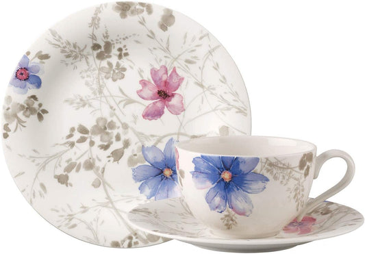 Villeroy & Boch Mariefleur Gris Basic Kaffee Set 18-teilig, Porzellanservice mit grauem Blumenmuster, zum Servieren von Kaffee und Kuchen.