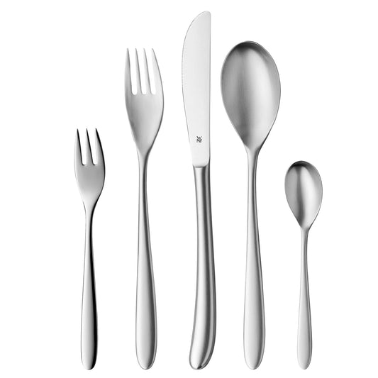 WMF Silk Besteck Set 30-teilig. Silberfarbenes Edelstahlbesteck mit schlanken Griffen. Umfasst Gabeln, Messer, Löffel für 6 Personen zum Speisen bei Tisch.

