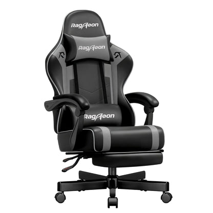 Riftracer Gaming Stuhl ergonomisch mit Fussstütze, schwarz-grau, mit Kopfstütze und Lordosenstütze