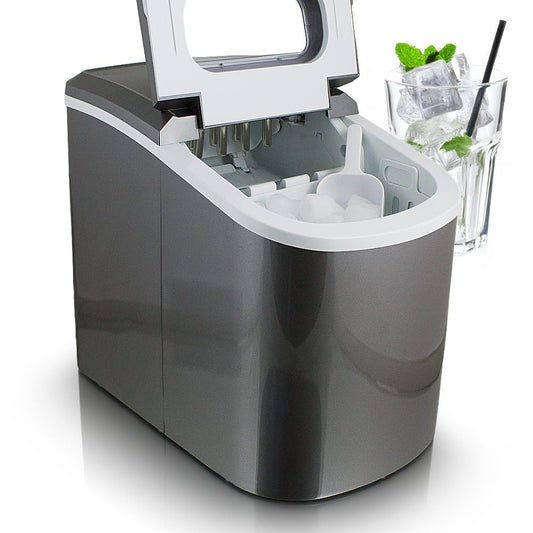 Eiswürfelmaschine Ice Maker, Schnell Eiswürfel – Dunkelgrau. Dunkelgraues Gerät erzeugt schnell Eiswürfel zur Kühlung von Getränken.