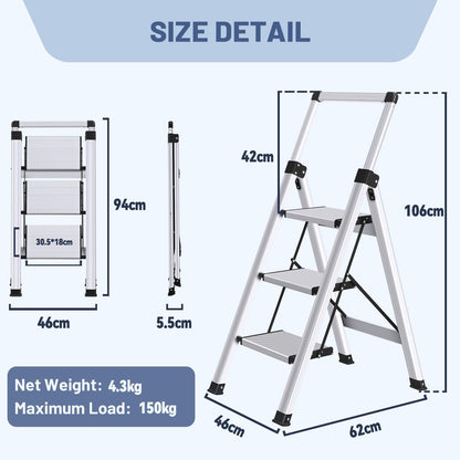 XinSunho Stufenleiter Klapptritt – 3 Stufen Aluminium mit Handlauf