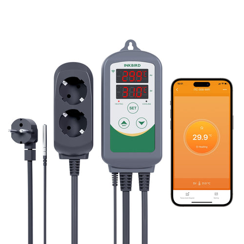 Inkbird ITC-308-WIFI Temperaturregler mit App-Steuerung, Grau, mit wasserdichtem NTC-Sensor aus Edelstahl