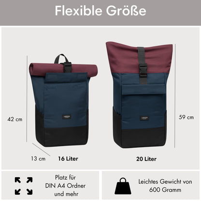 LARKSON No 4 Rolltop Rucksack mit 16 Zoll Laptopfach, blau-rot