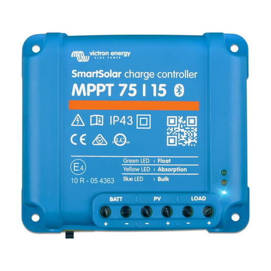 Victron Energy SmartSolar MPPT Solar Laderegler 75/15. Blauer, rechteckiger Regler. Optimiert Solarmodulleistung zum Laden von Batterien.