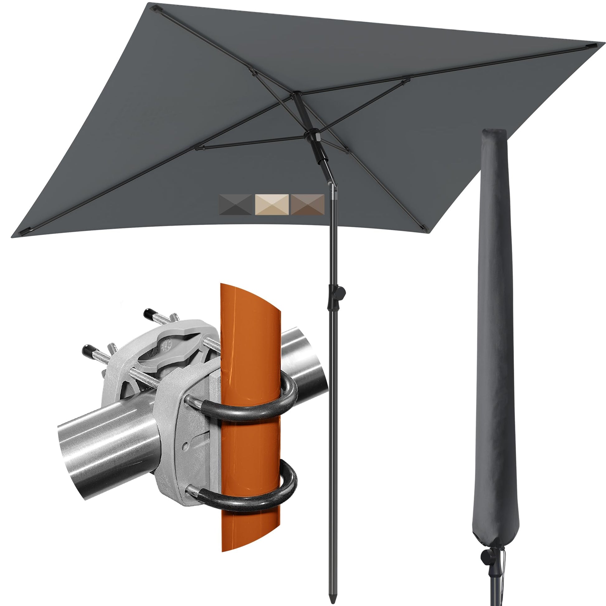 4smile SunnyShade Plus Sonnenschirm Balkon Set 3-in-1, Anthrazit, rechteckiger Schirm mit Geländerhalterung