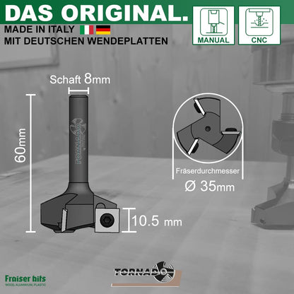 Fraiser Tornado Planfräser Holz 35 mm, 8 mm Schaft, 3 HM-Wendeplatten