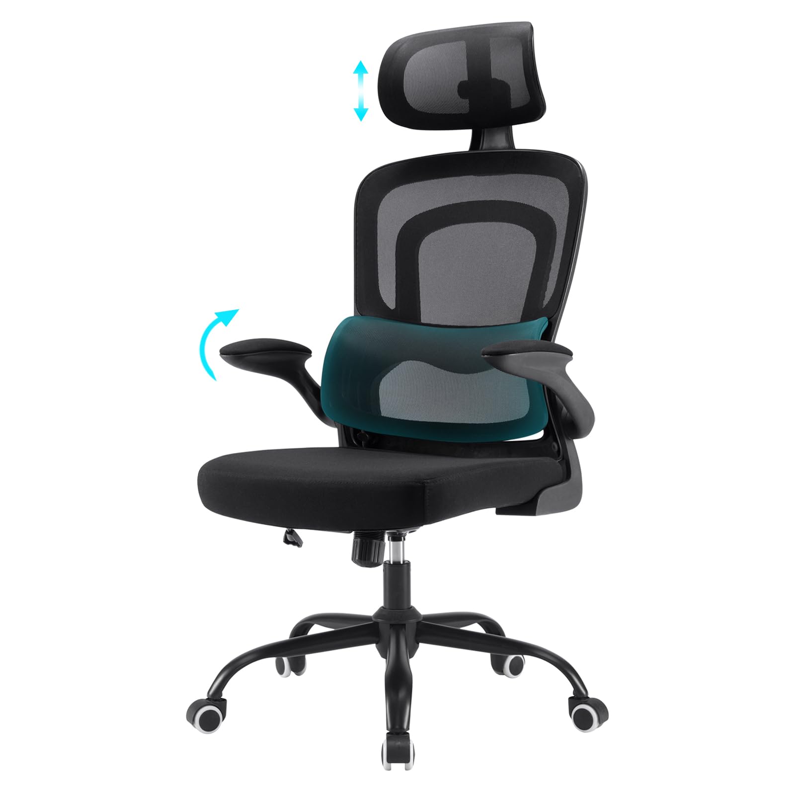 Farini Bürostuhl ergonomisch mit Kopfstütze, höhenverstellbar, schwarz mit klappbaren Armlehnen
